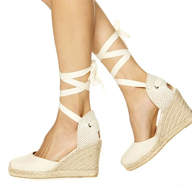 Comfort Wedges Sandals for Women Weave High Heels Summer Hollow Shoes Round Toe with Ankle Strap Platform Sandals
